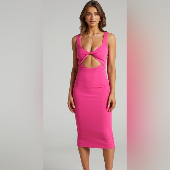 Showpo Coyote Twist Detail Midi Dress in Pink - Picture 1 of 8